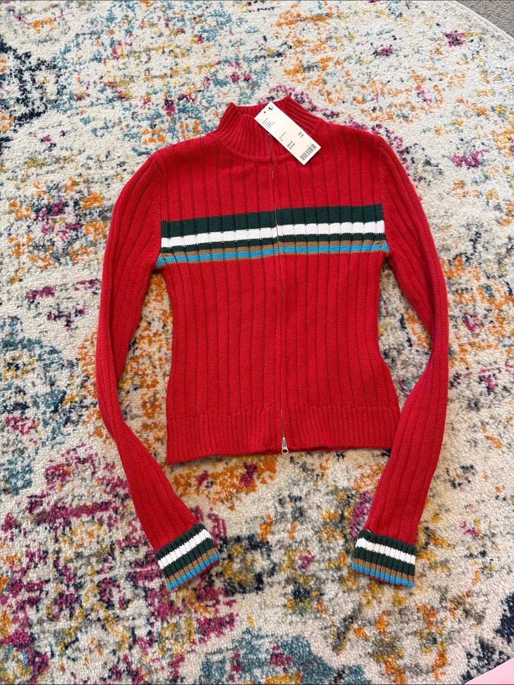 BDG Red Ribbed Zip-Front Women's Sweater with Striped Detail
